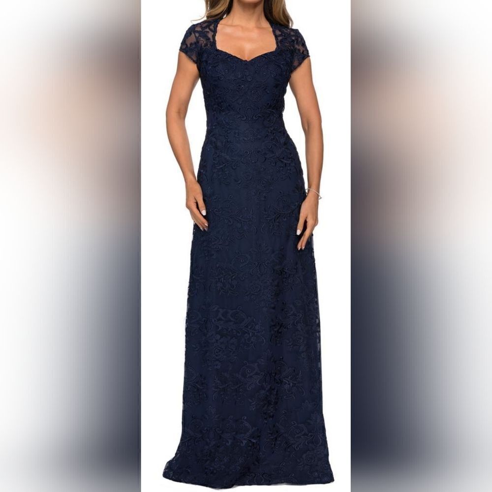 LA FEMME Embellished EVENING Dress 27951 NWOT size 8 Navy Blue